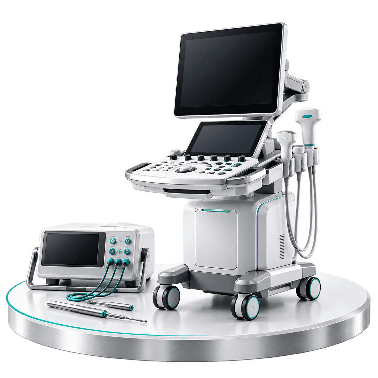 MEDORA diagnostic cart with an articulating monitor, control console and a connected secondary device